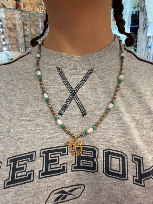 Safta chai pearls and multi stones - worn on model - necklace | Love Letters Tel Aviv