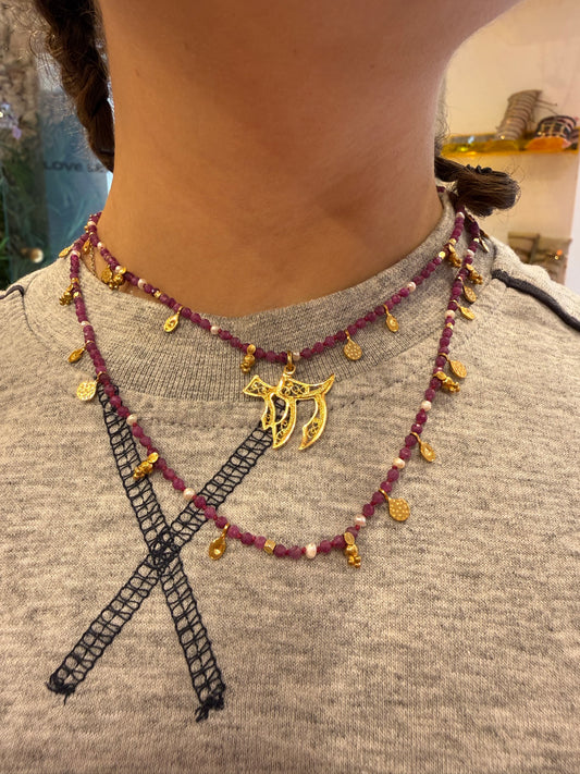 Jaffa necklace pink stone - worn on model - belly chain | Love Letters Tel Aviv
