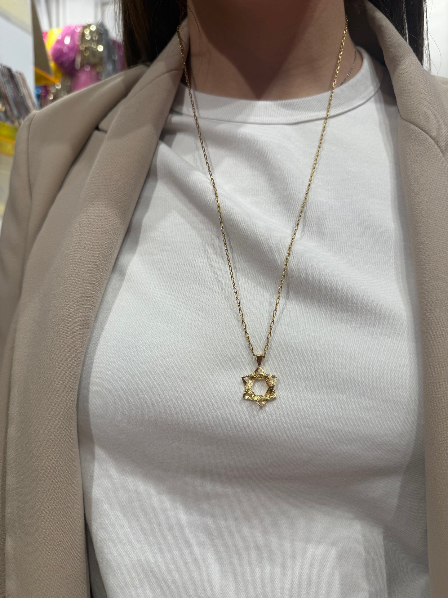 Magen Neve tzedek - worn on model - Judaica charm | Love Letters Tel Aviv