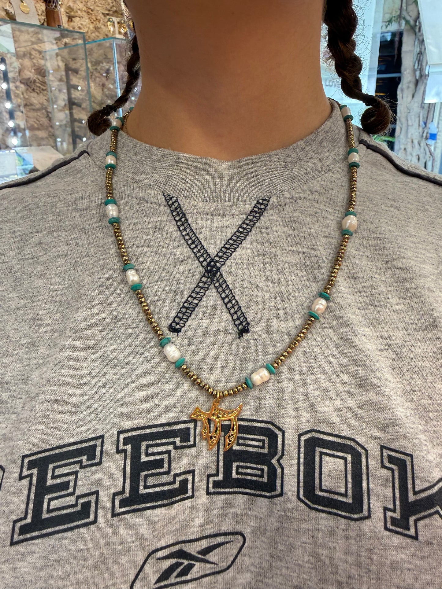 Safta chai pearls and multi stones - worn on model - necklace | Love Letters Tel Aviv