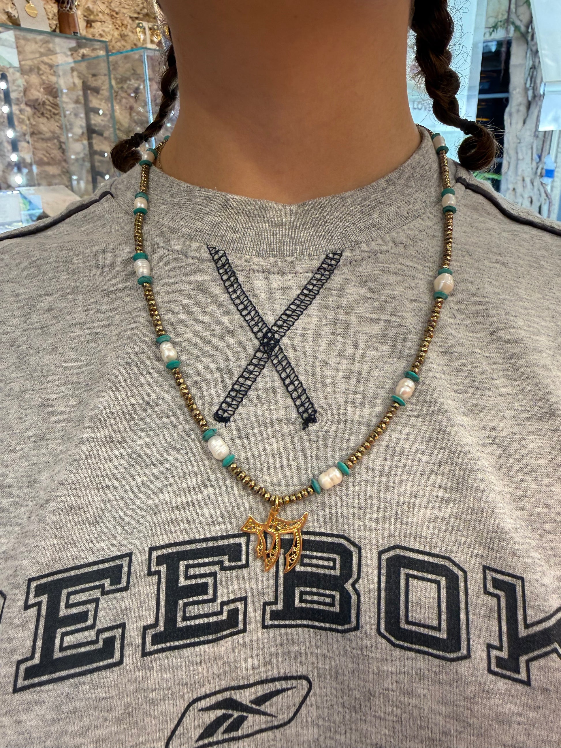 Safta chai pearls and multi stones - worn on model - necklace | Love Letters Tel Aviv