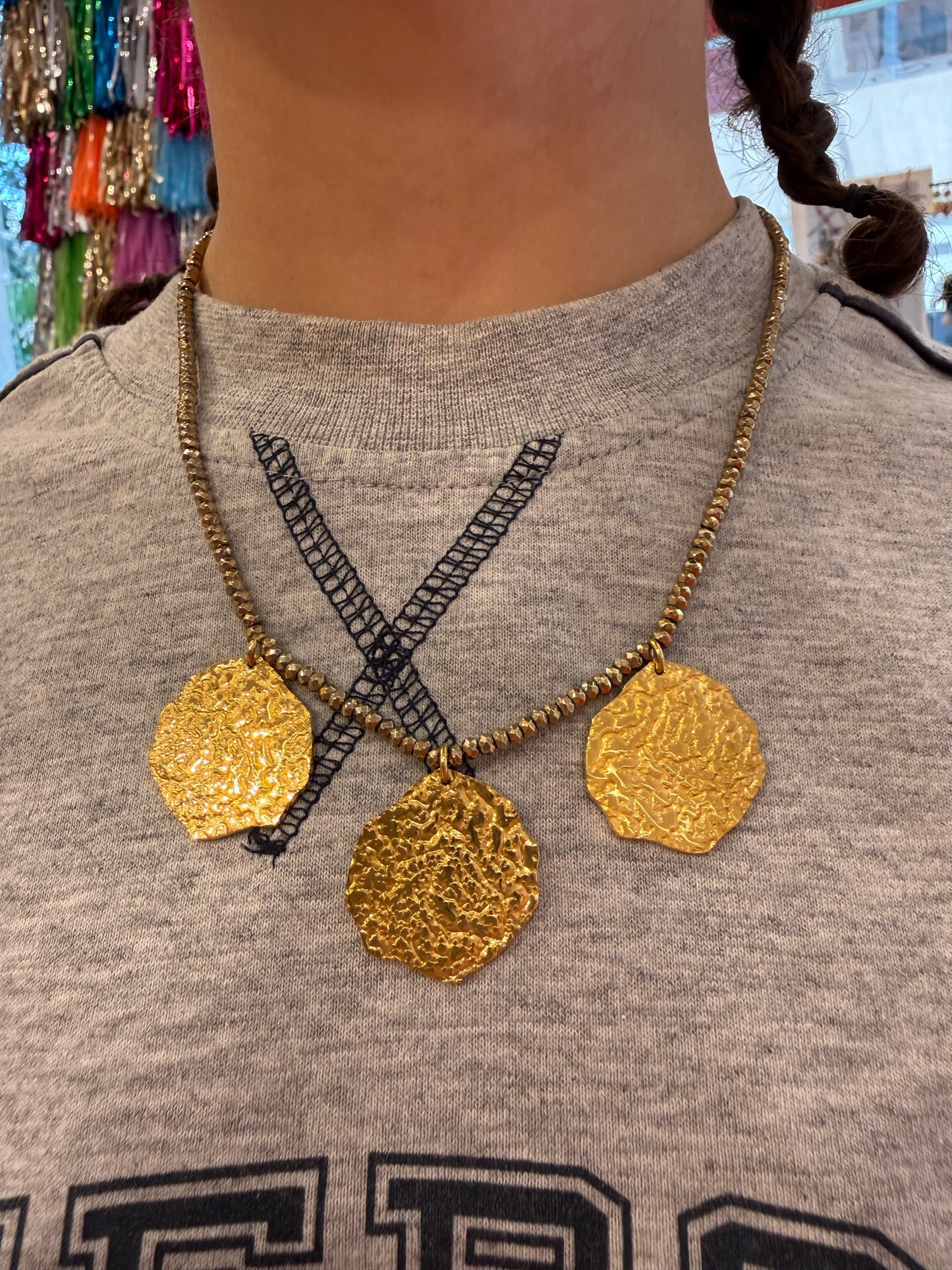 Athena triple medal necklace - detail shot - necklace | Love Letters Tel Aviv