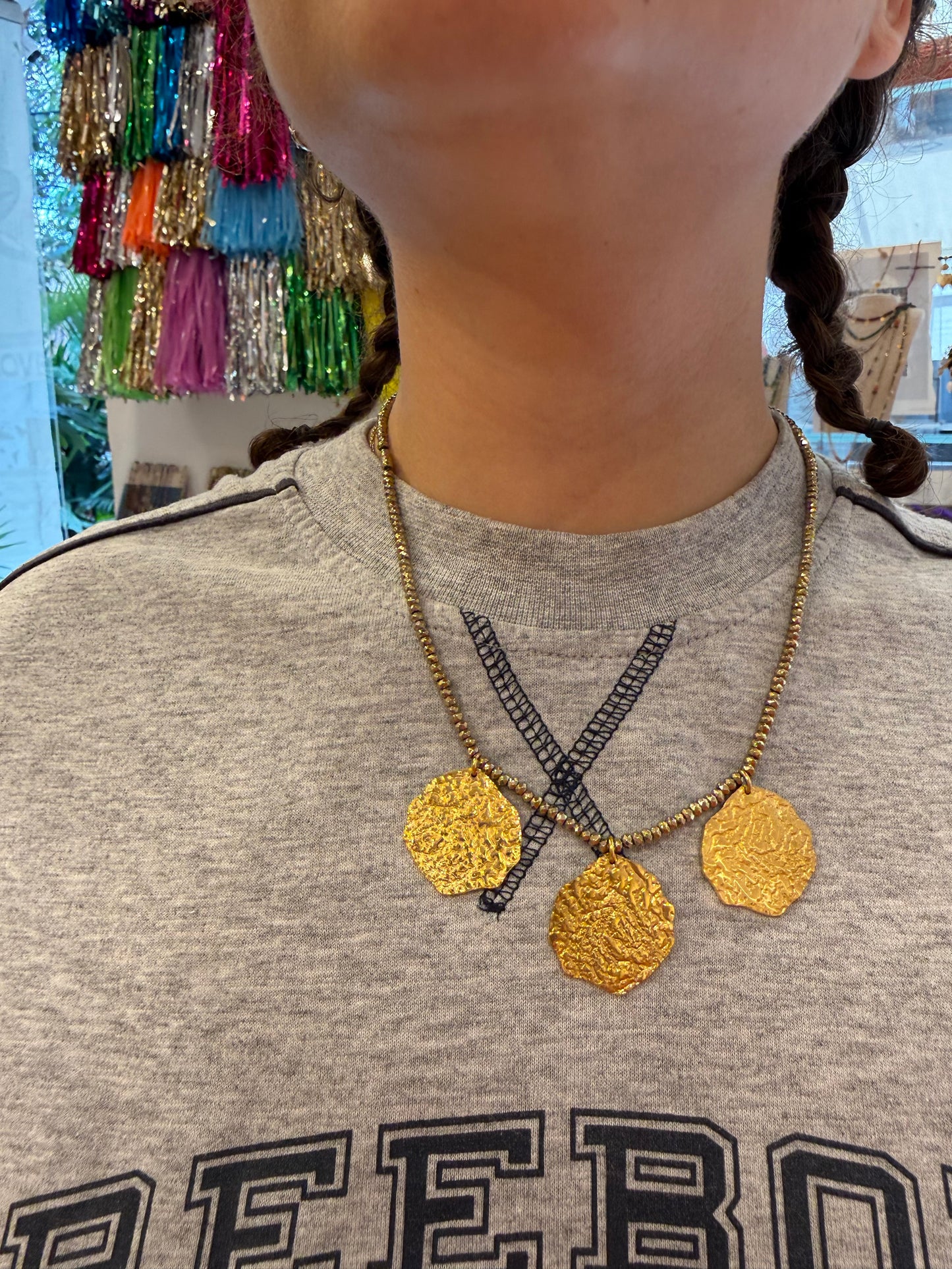 Athena triple medal necklace - detail shot - necklace | Love Letters Tel Aviv