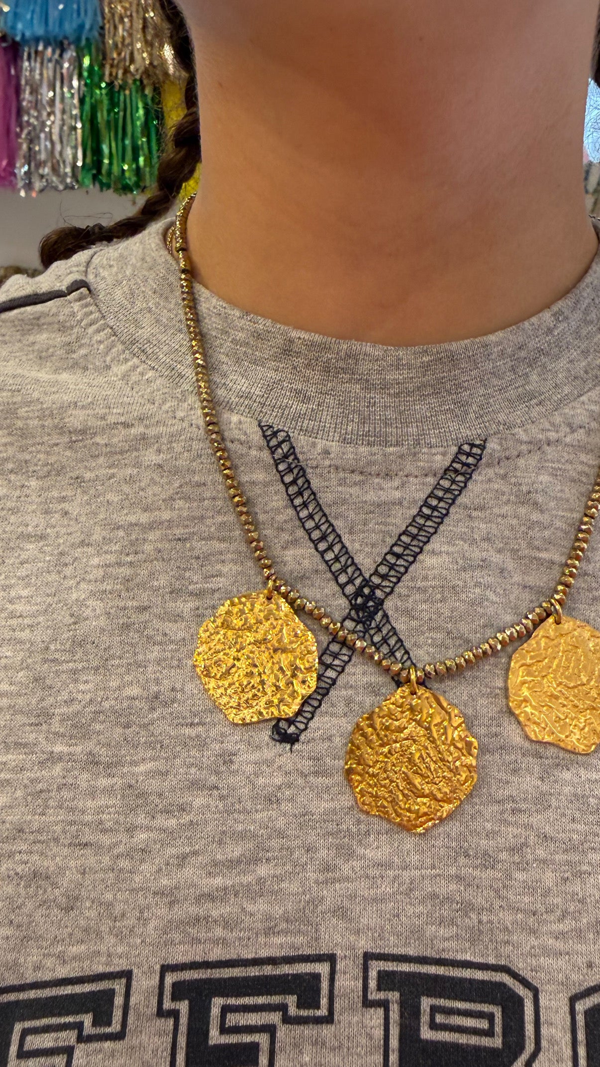 Athena triple medal necklace - detail shot - necklace | Love Letters Tel Aviv