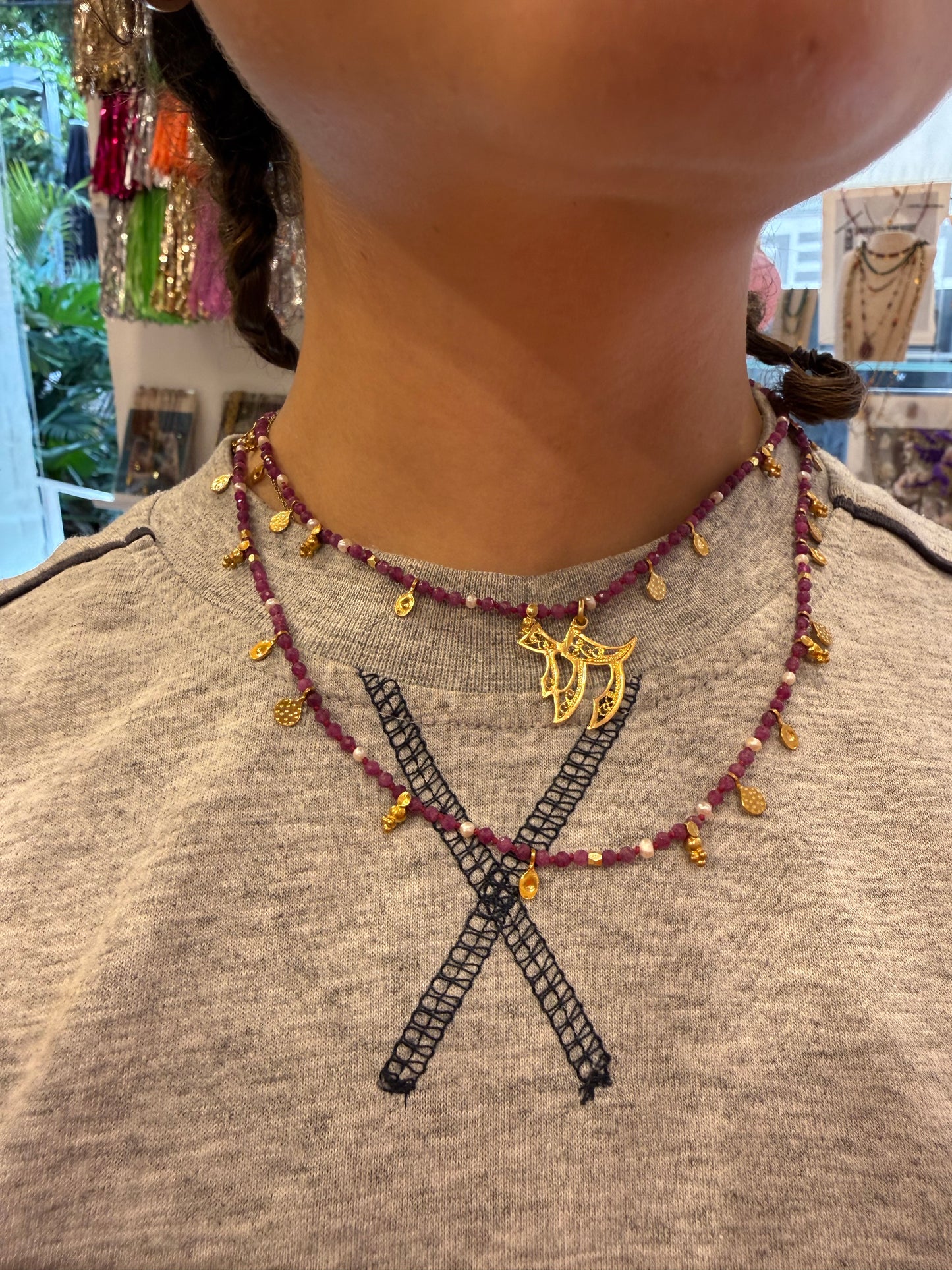Jaffa necklace pink stone - detail shot - belly chain | Love Letters Tel Aviv