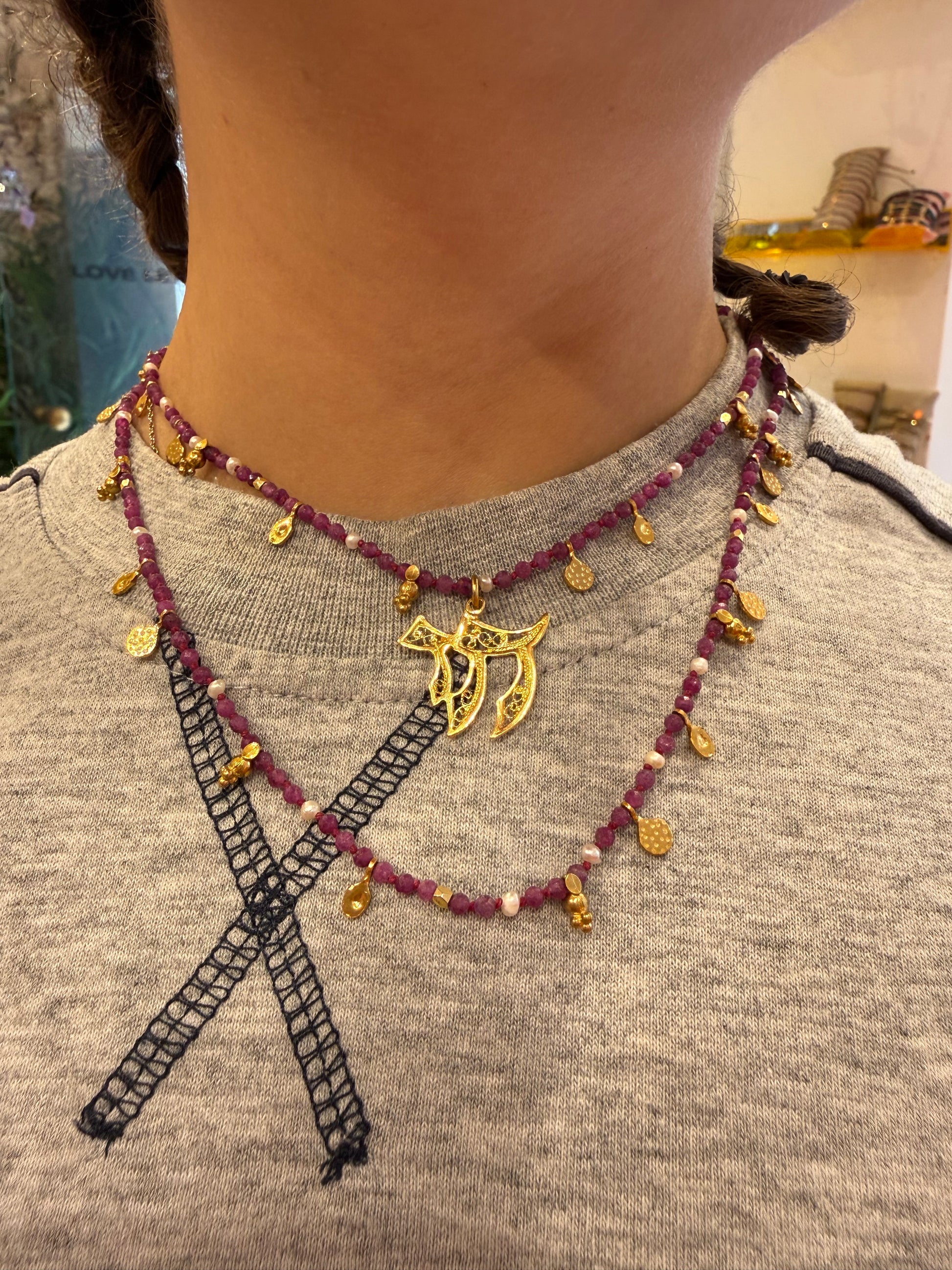 Jaffa necklace pink stone - worn on model - belly chain | Love Letters Tel Aviv