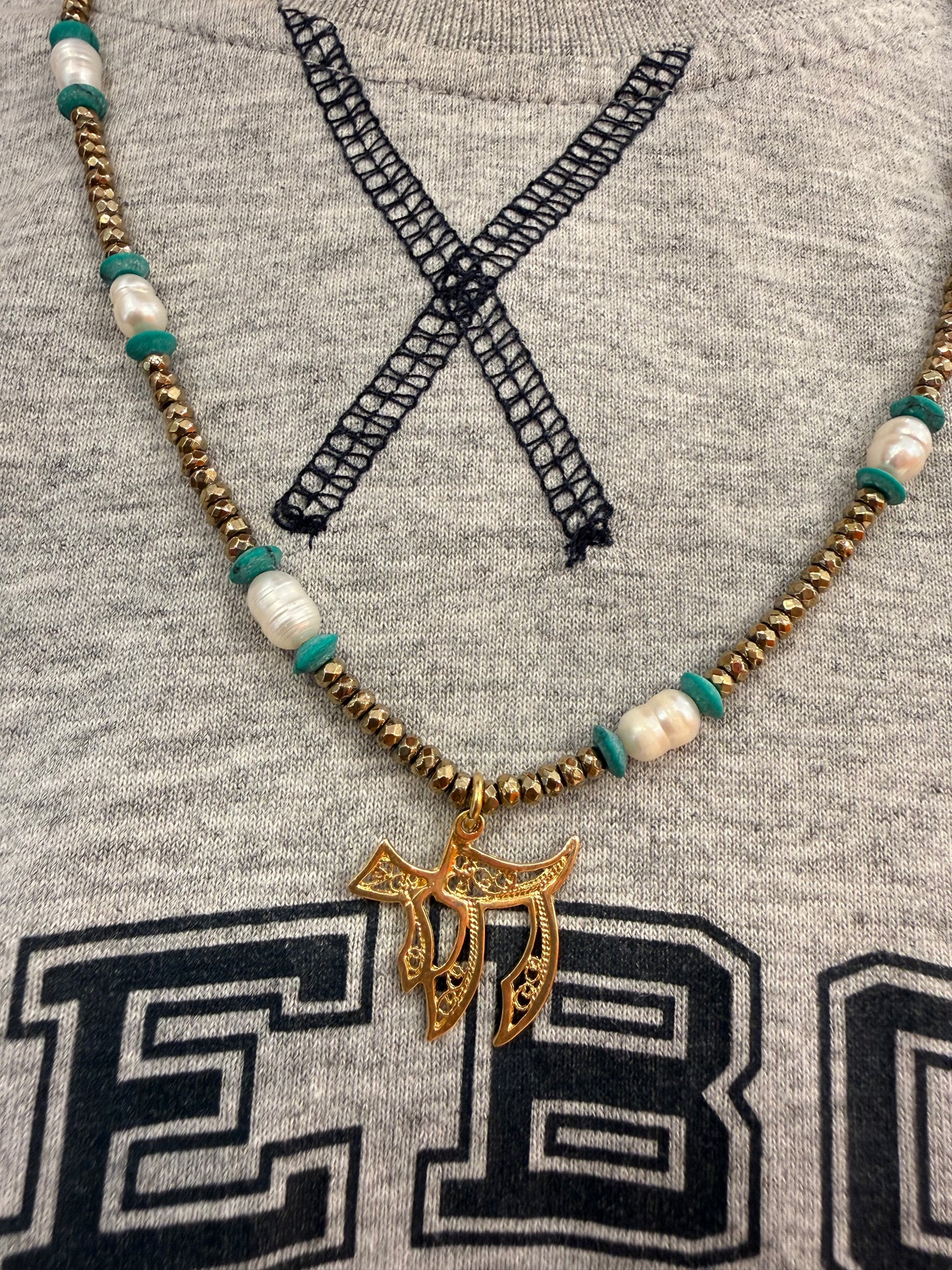 Safta chai pearls and multi stones - detail shot - necklace | Love Letters Tel Aviv