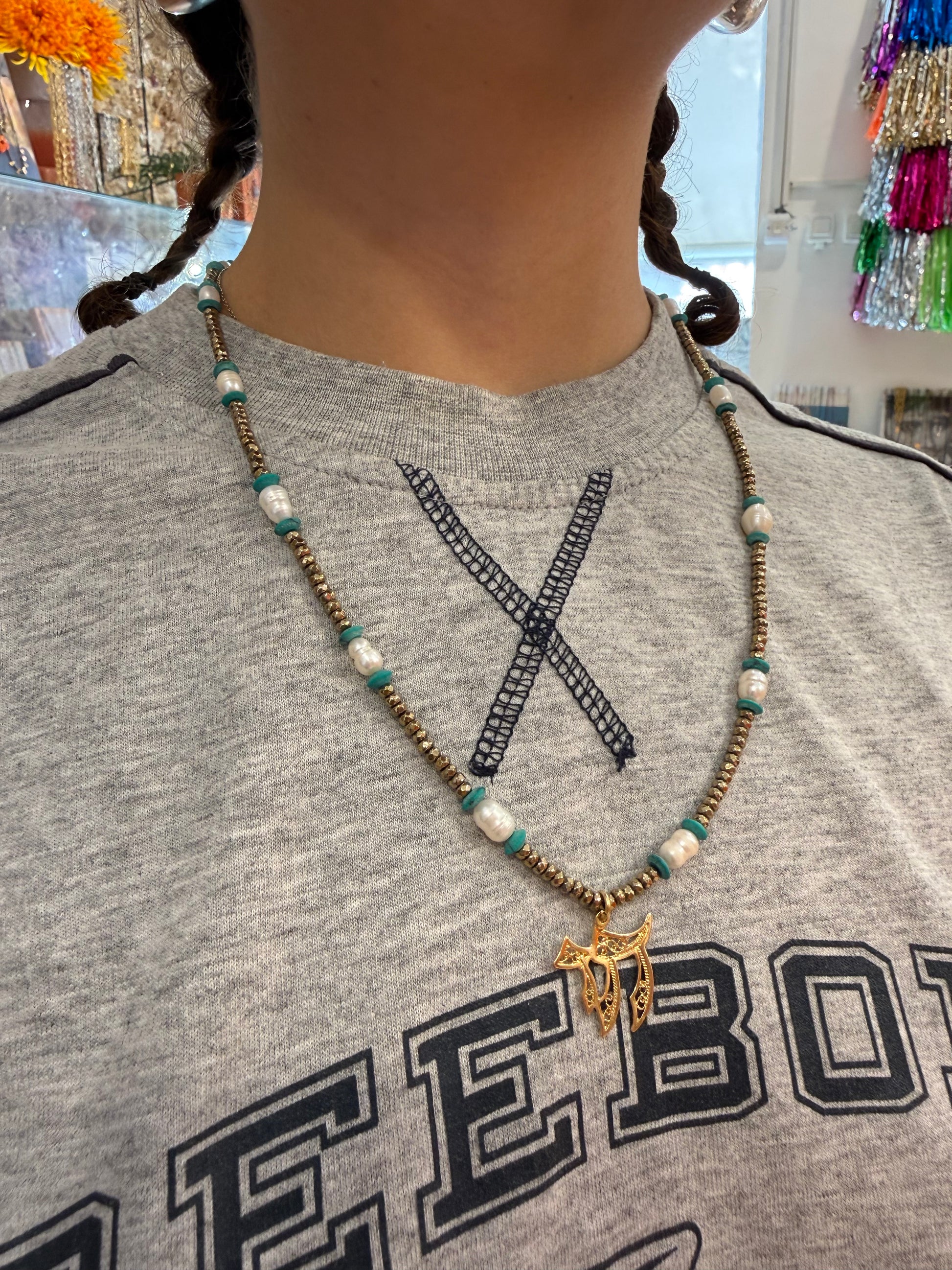 Safta chai pearls and multi stones - detail shot - necklace | Love Letters Tel Aviv