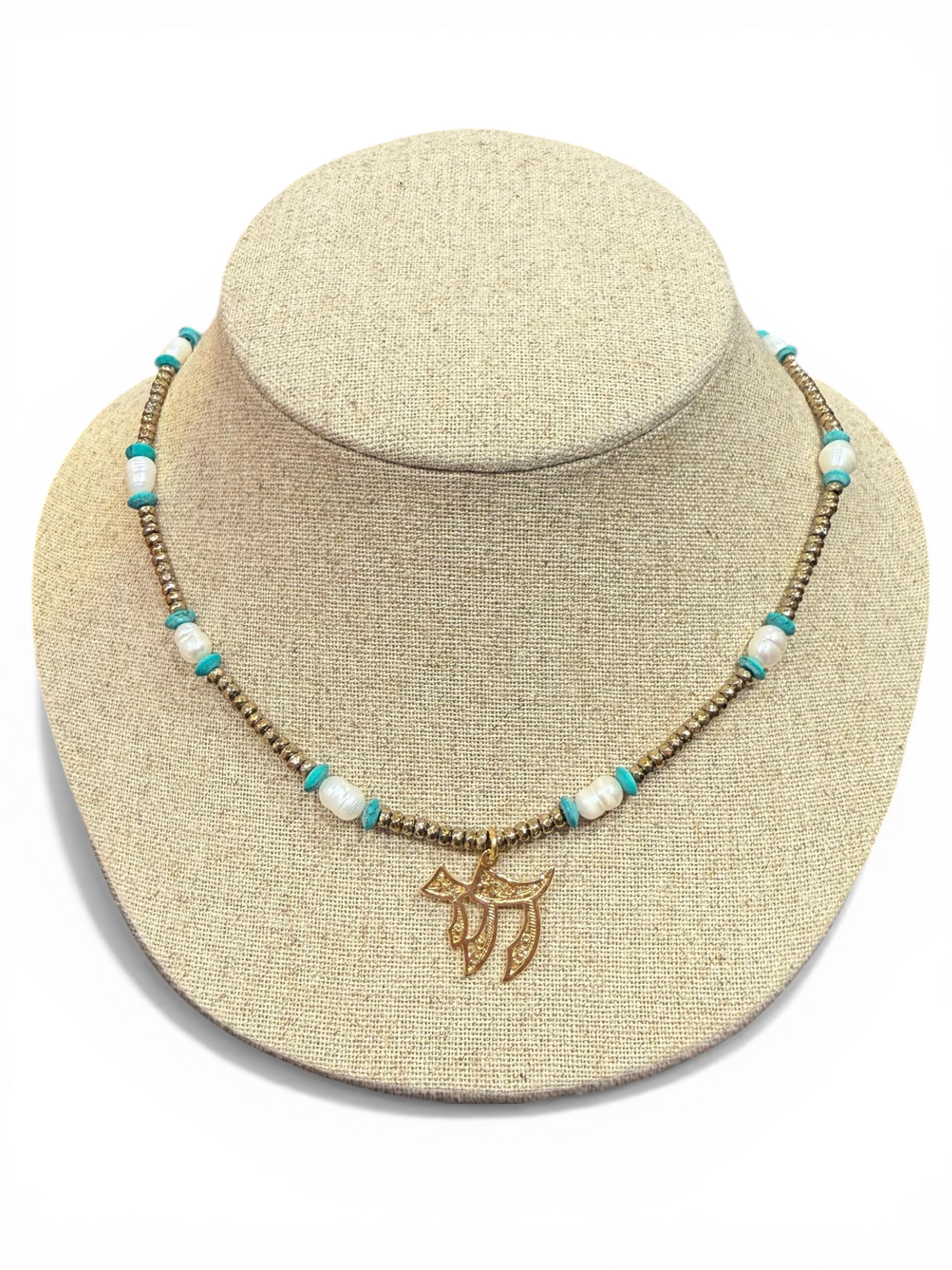 Safta chai pearls and multi stones - handmade necklace product photo | Love Letters Tel Aviv