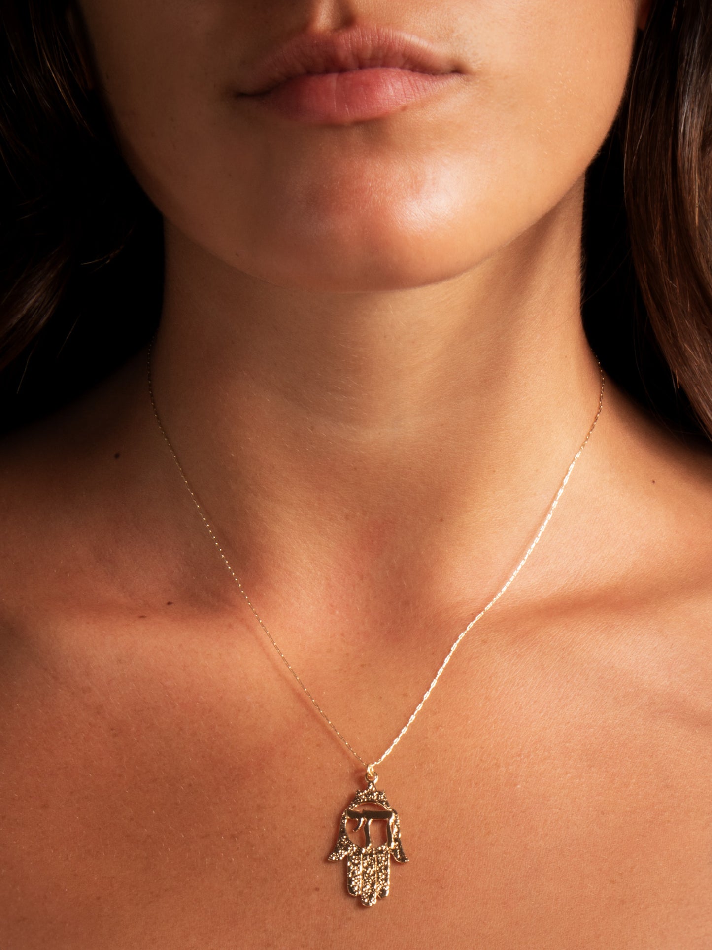 Big Heritage  Hamsa Chai - worn on model - Judaica charm | Love Letters Tel Aviv