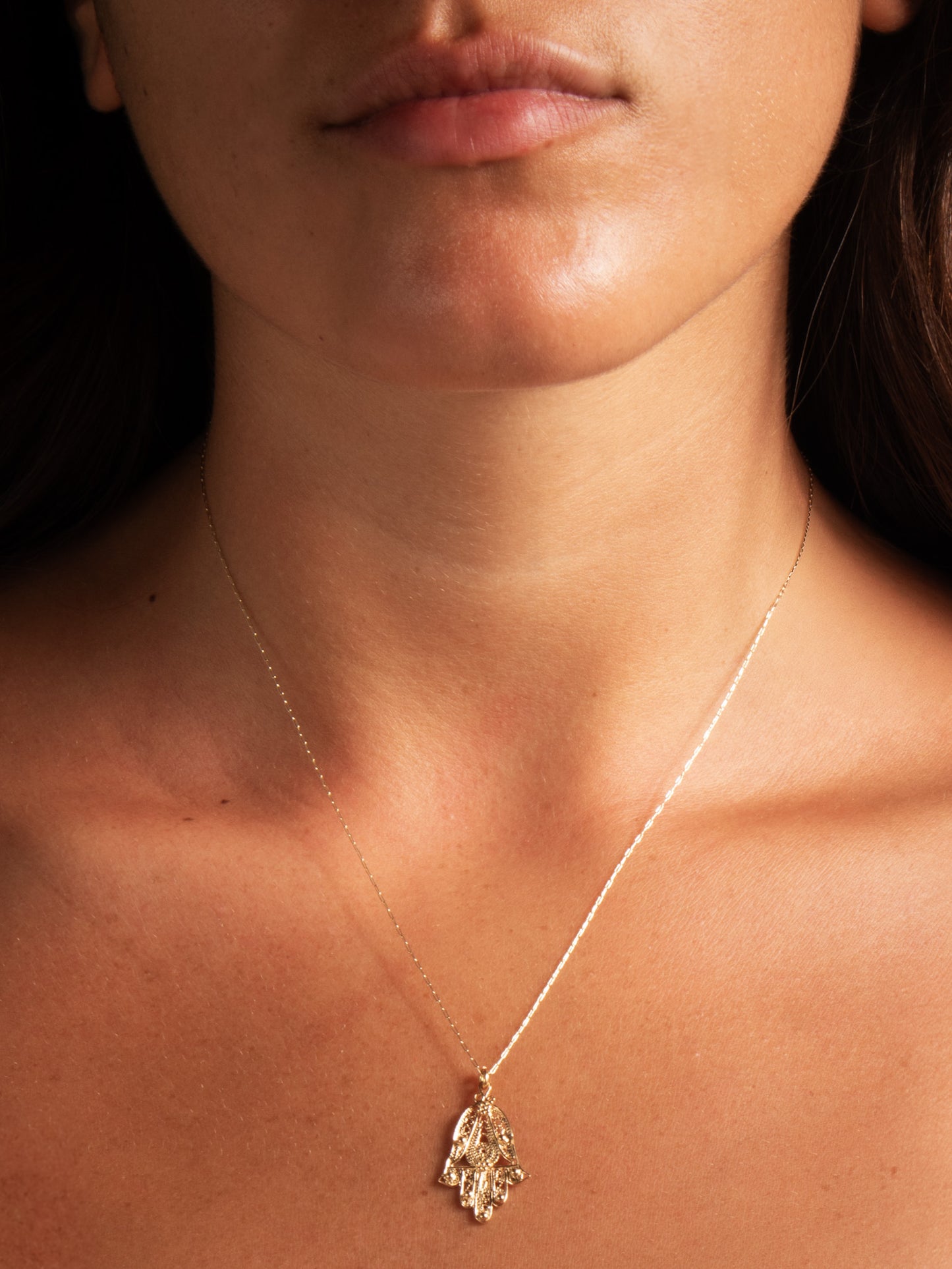 Hamsa Filigrane charm - worn on model - Judaica charm | Love Letters Tel Aviv