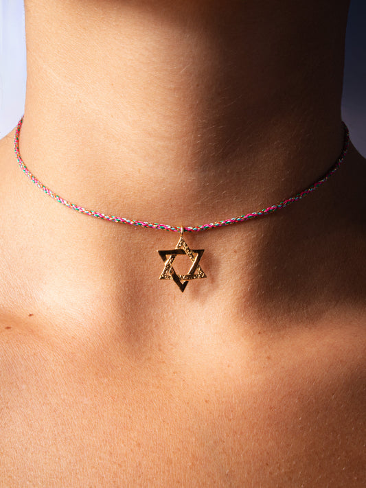 medium golden magen david on pink string - handmade necklace product photo | Love Letters Tel Aviv