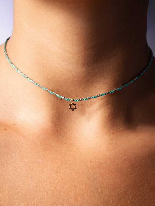 cutie golden magen on blue string - handmade necklace product photo | Love Letters Tel Aviv