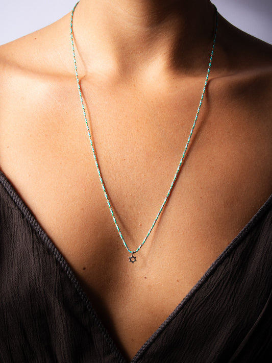 cutie silver  magen on blue string - worn on model - necklace | Love Letters Tel Aviv