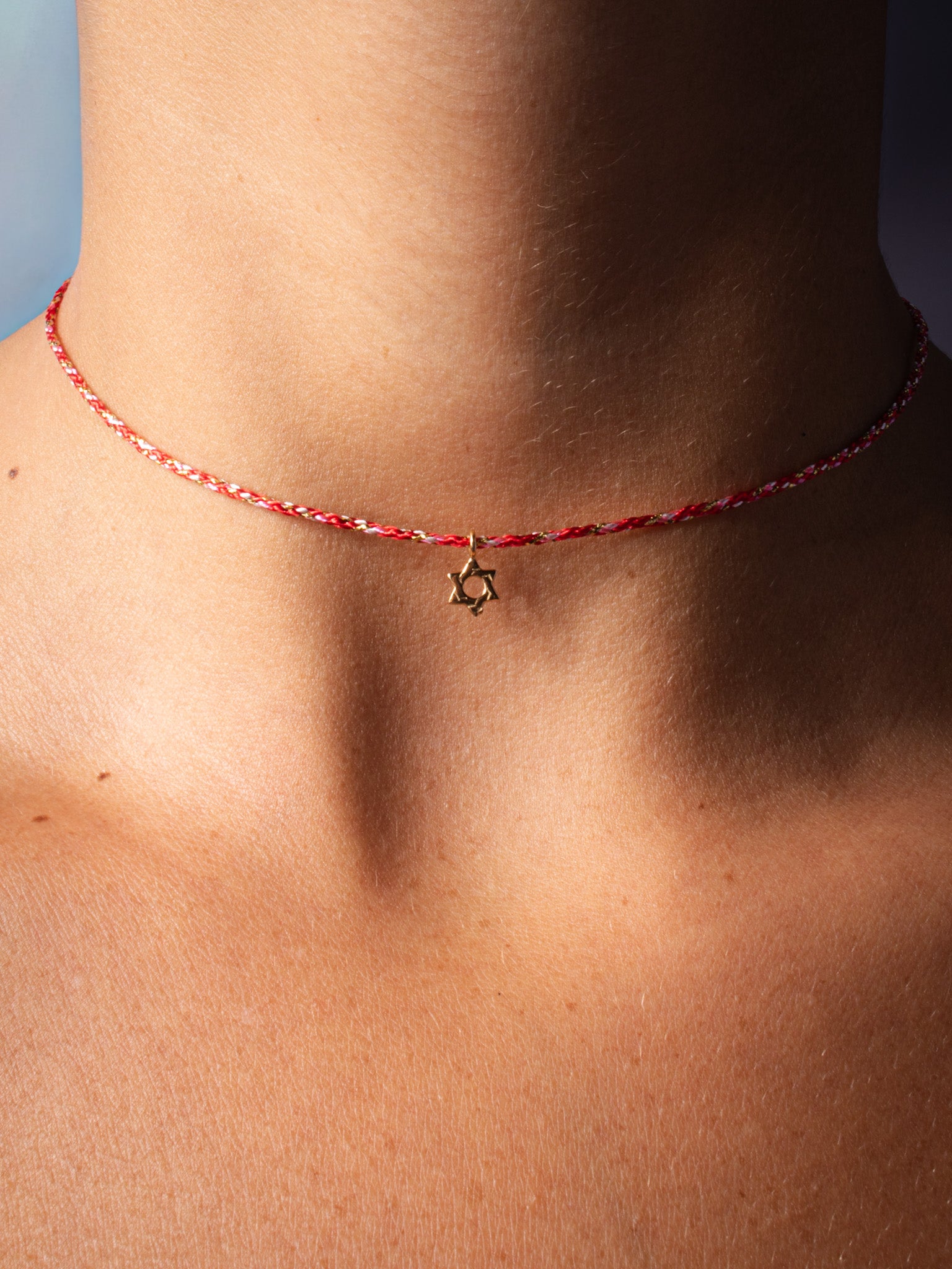 cutie golden  magen on red string necklace - handmade necklace product photo | Love Letters Tel Aviv