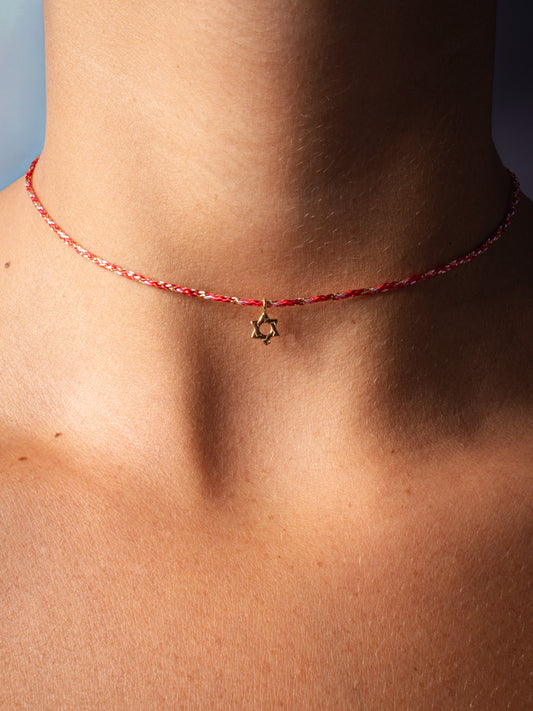 cutie golden  magen on red string necklace - handmade necklace product photo | Love Letters Tel Aviv