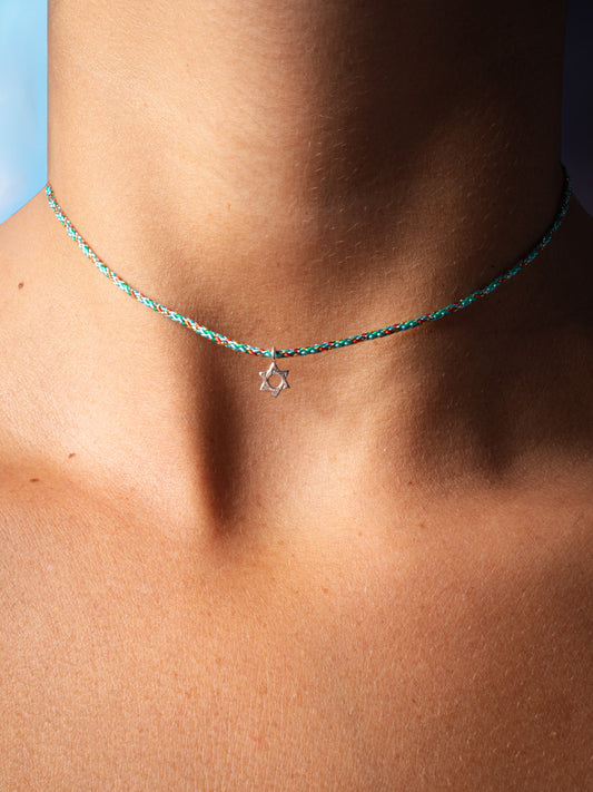 cutie silver  magen on blue string - handmade necklace product photo | Love Letters Tel Aviv